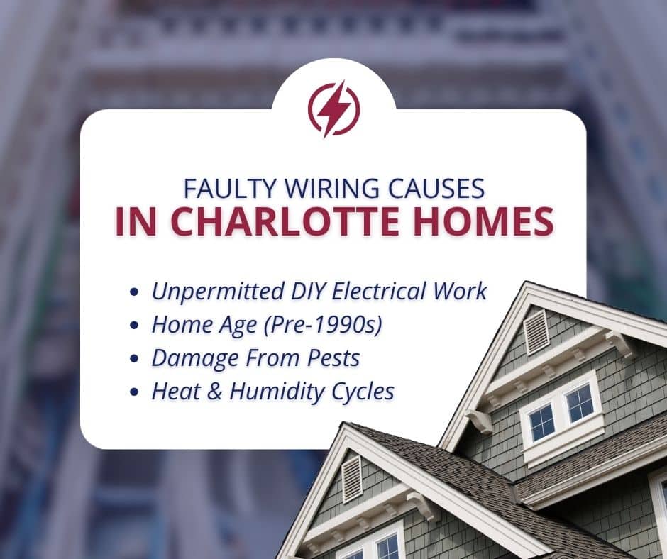 6 Warning Signs of Faulty Electrical Wiring in Your Home 3 Infographic listing common causes of faulty wiring in Charlotte homes, including unpermitted DIY work, pre-1990s home age, pest damage, and heat and humidity cycles.