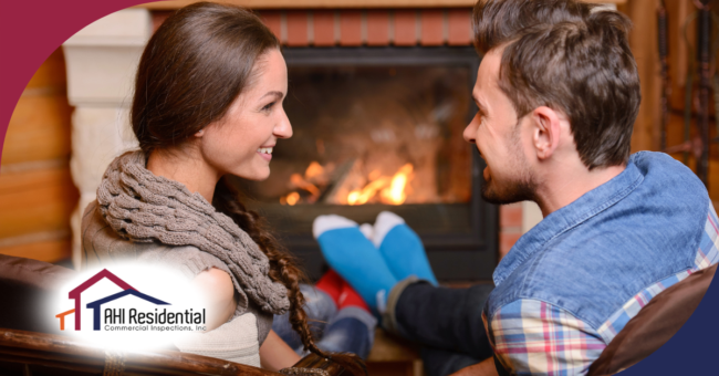 AHI Residential & Commercial Inspections (1) Happy couple sitting by a warm fireplace, enjoying a cozy moment together, representing comfort and relaxation in a home setting.