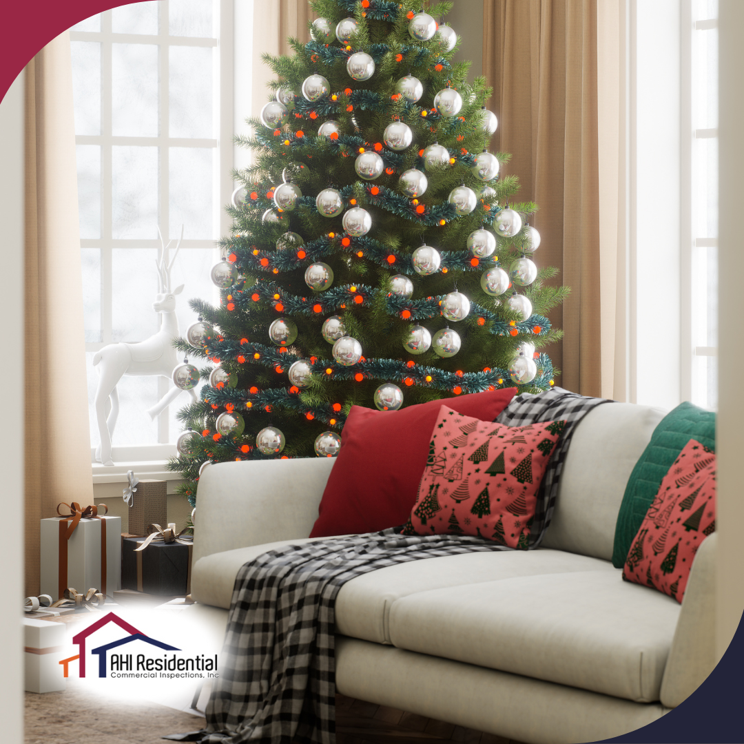 AHI Residential & Commercial Inspections (5) A warmly decorated living room featuring a Christmas tree adorned with ornaments, festive pillows on a cozy sofa, and wrapped presents near a window.