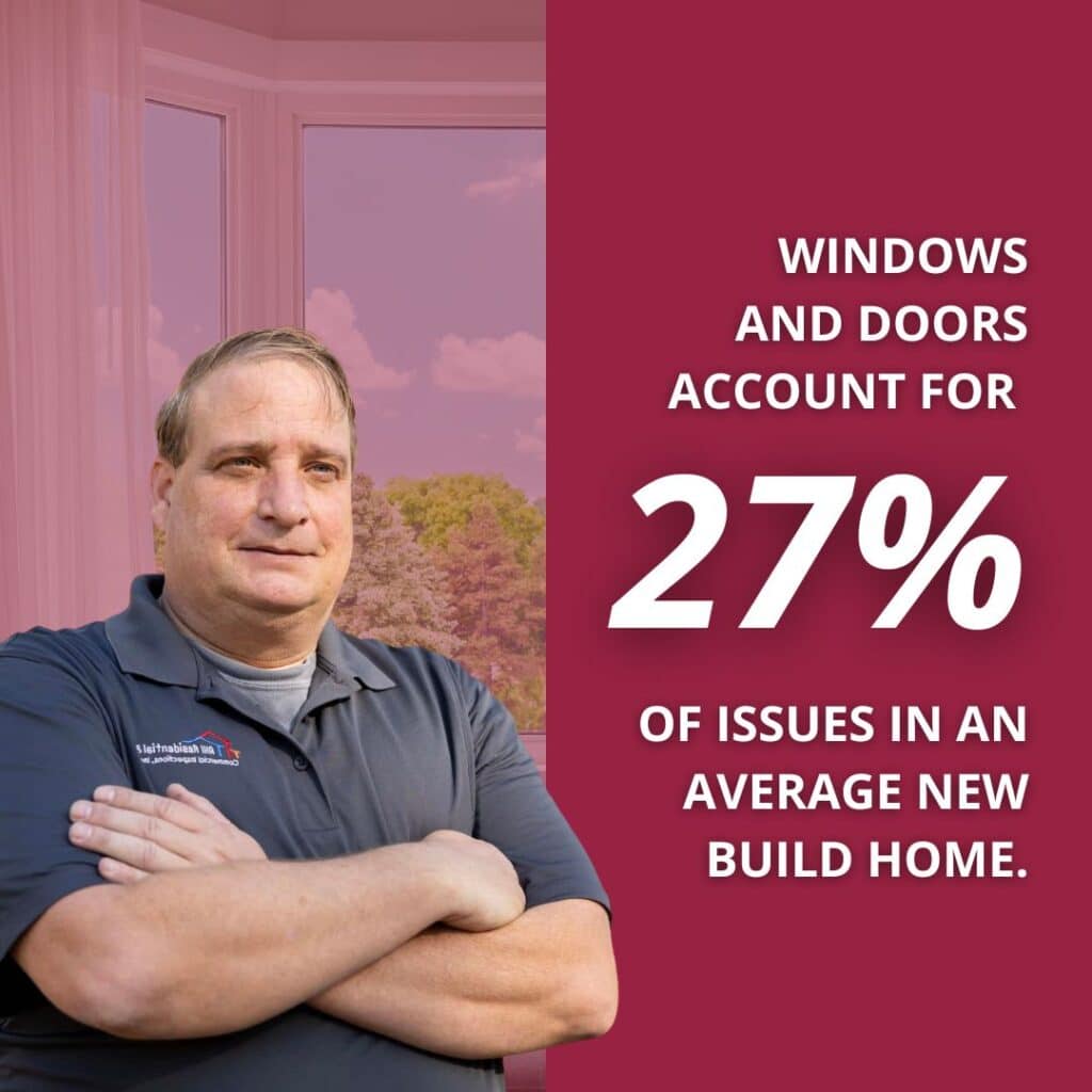 Most Common Defects Found Near New Construction Windows 3 A professional man standing with arms crossed next to text stating that windows and doors account for 27% of issues in an average new build home.
