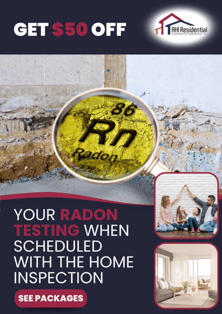 Promo poster for a radon testing discount with a picture of radon's icon on the table of elements