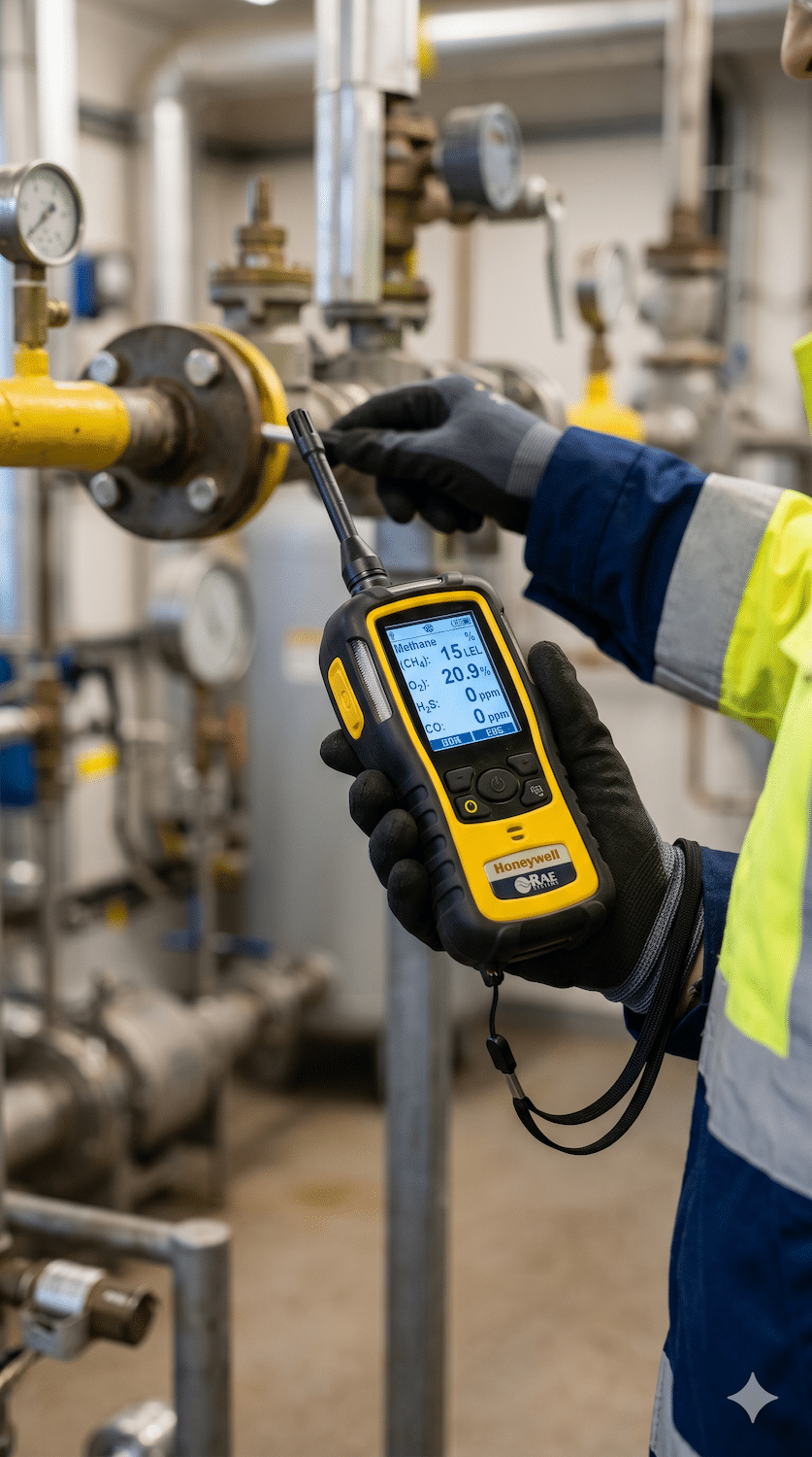 A handheld multi-gas detector with a digital display showing real-time gas levels, held by a worker in safety gear within an industrial plant featuring complex piping and valves.