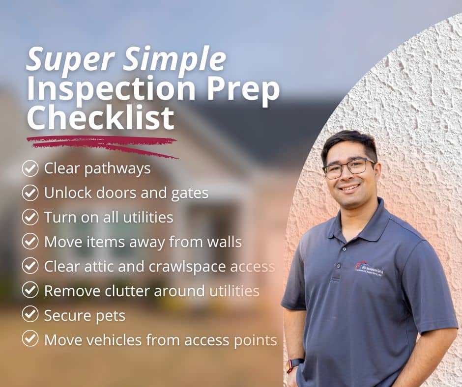 How to Prepare for Your Home Inspection in North Carolina 4 A "Super Simple Inspection Prep Checklist" graphic featuring a smiling man in a branded polo shirt and a list of eight preparation tips for a home inspection.