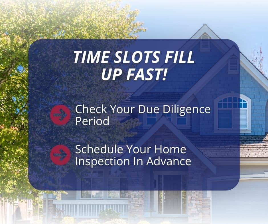How & Why to Schedule a Home Inspection in Charlotte 3 An informational graphic titled "TIME SLOTS FILL UP FAST!" advising viewers to check their due diligence period and schedule a home inspection in advance, overlaid on a residential house.