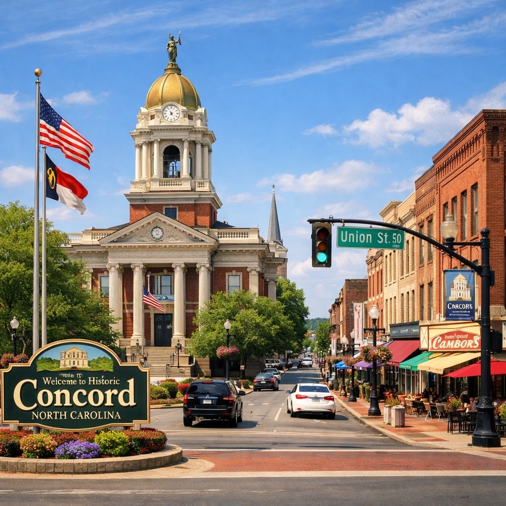 Downtown Concord, North Carolina historic building with a gold dome and welcome sign.