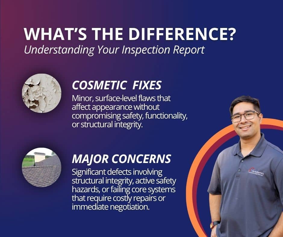 11 Critical Home Inspection Defects in Charlotte, NC 4 An infographic titled "What's the Difference?" defining cosmetic fixes as minor surface flaws and major concerns as structural, safety, or system failures on a home inspection report.