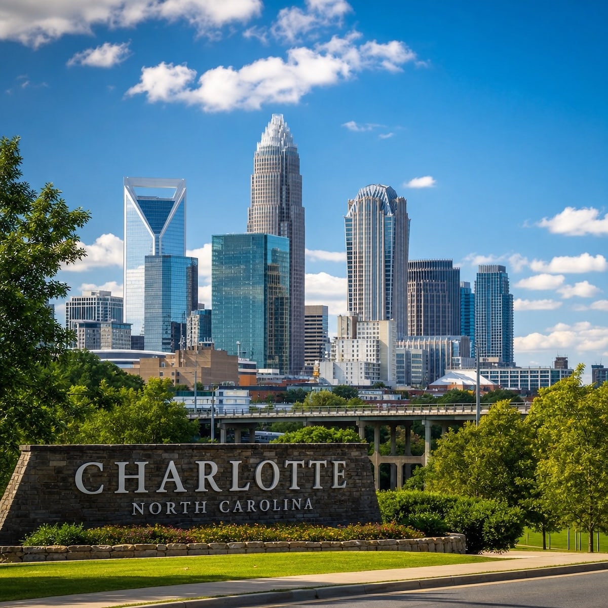 A stone sign reading "CHARLOTTE NORTH CAROLINA" surrounded by greenery in the foreground, with the city's downtown skyline rising under a bright, partly cloudy blue sky in the background.