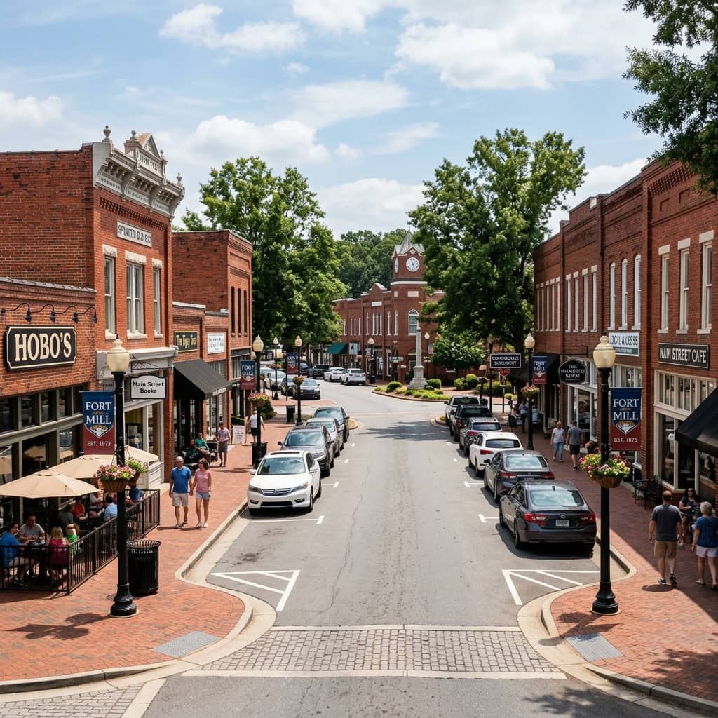 An elevated view looking down Main Street in Fort Mill, South Carolina, lined with red-brick shops, parked cars along both sides, pedestrians on brick sidewalks, and a clock tower in the distance.