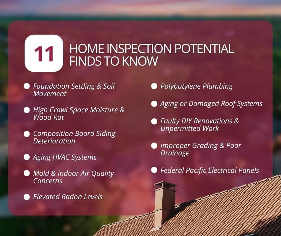 All the Problems Inspectors Commonly Find in NC Homes 3 An infographic titled "11 Home Inspection Potential Finds to Know" listing common home issues, including foundation settling, crawl space moisture, composite siding deterioration, aging HVAC, radon, polybutylene plumbing, roof damage, unpermitted DIY work, poor drainage, and Federal Pacific electrical panels.
