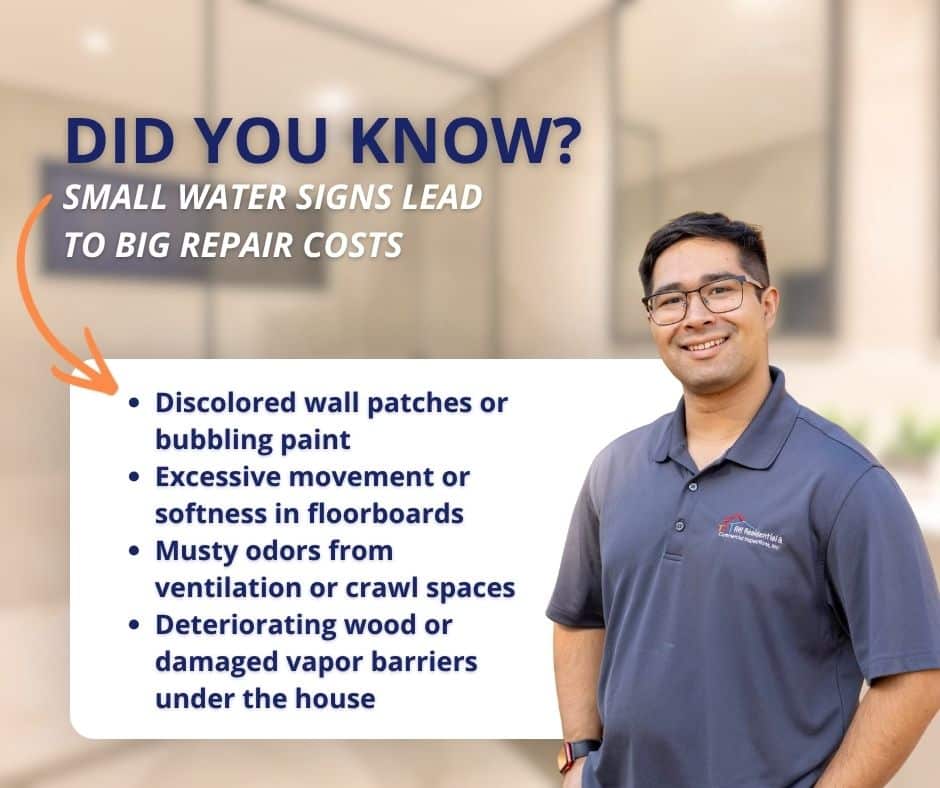 Prep Checklist: Get a Home Inspection When Buying a House 4 An educational home inspection graphic titled 'Home Inspection Potential Finds - Water is a Common Issue,' illustrating key areas where water damage occurs, including ceilings, floors, odors, and crawl spaces.