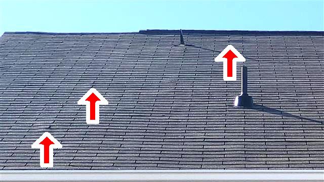Shingles lifted by nail pops across the roof of Home H