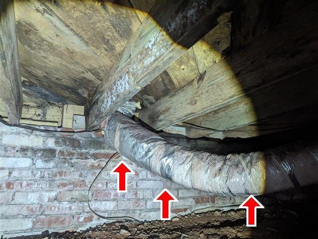 Home I: torn duct insulation in the crawl space