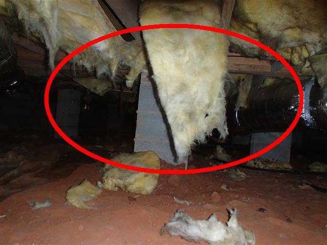 Home G: wet crawl space insulation falling from the floor above
