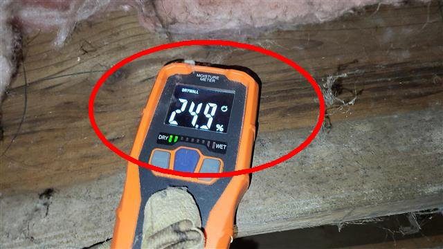 Home H: a moisture meter showing elevated readings in the floor joists