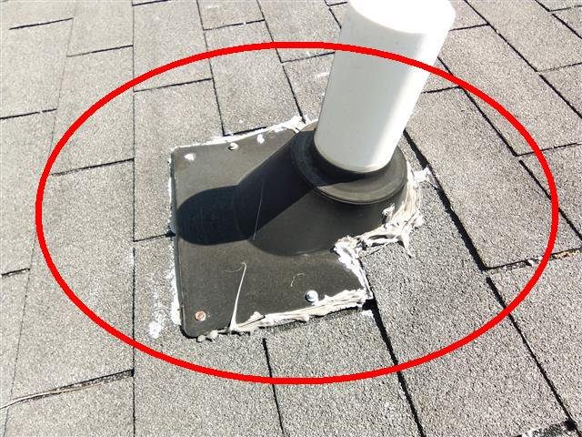 Home D: a poorly repaired plumbing vent boot with exposed nails
