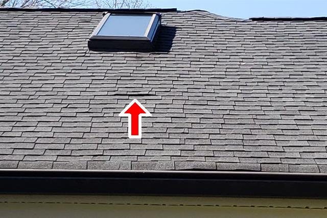Home J: lifted shingles at the rear, with leak signs inside