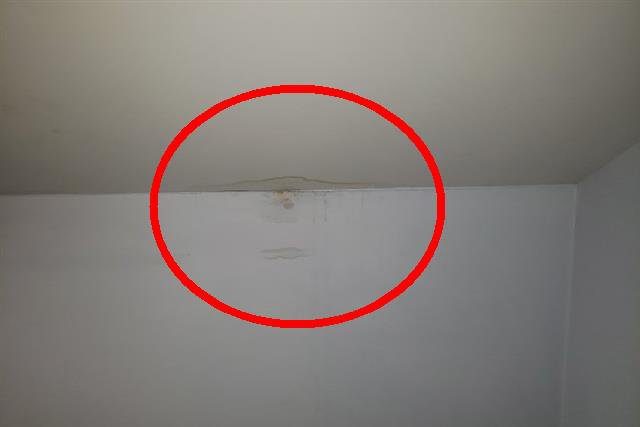 Home J: water stains on the ceiling below