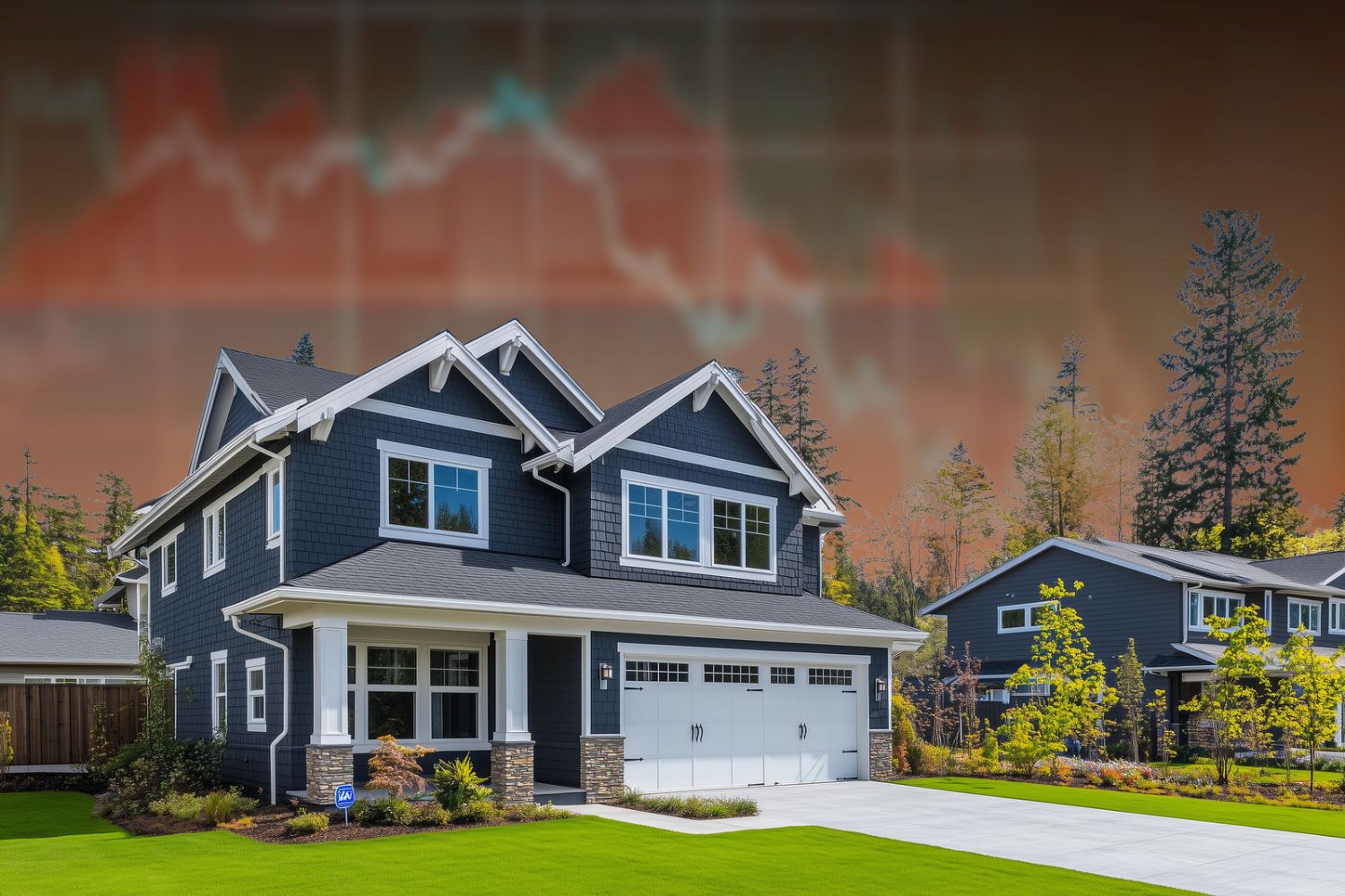A modern suburban home with a green lawn set against a background overlay of a declining financial market chart.