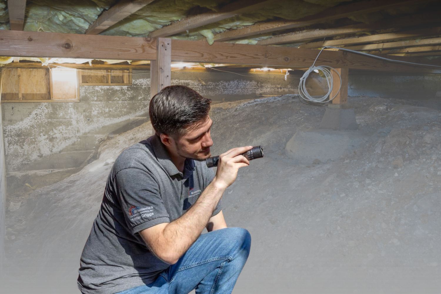 A home inspector shines a flashlight to examine moisture and mold buildup along the foundation wall in a residential crawlspace.