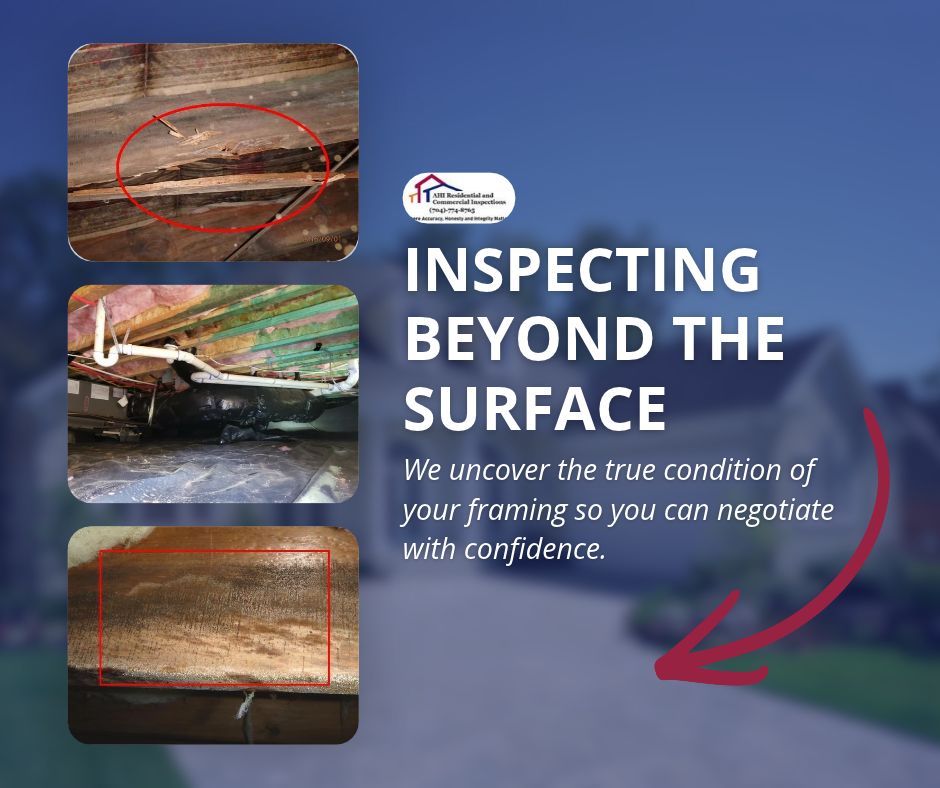 Spot Mold & Moisture in Crawl Space Before Buying in NC 4 An AHI Inspections graphic titled "Inspecting Beyond the Surface," showing examples of crawl space wood rot, joist framing, and surface mold.